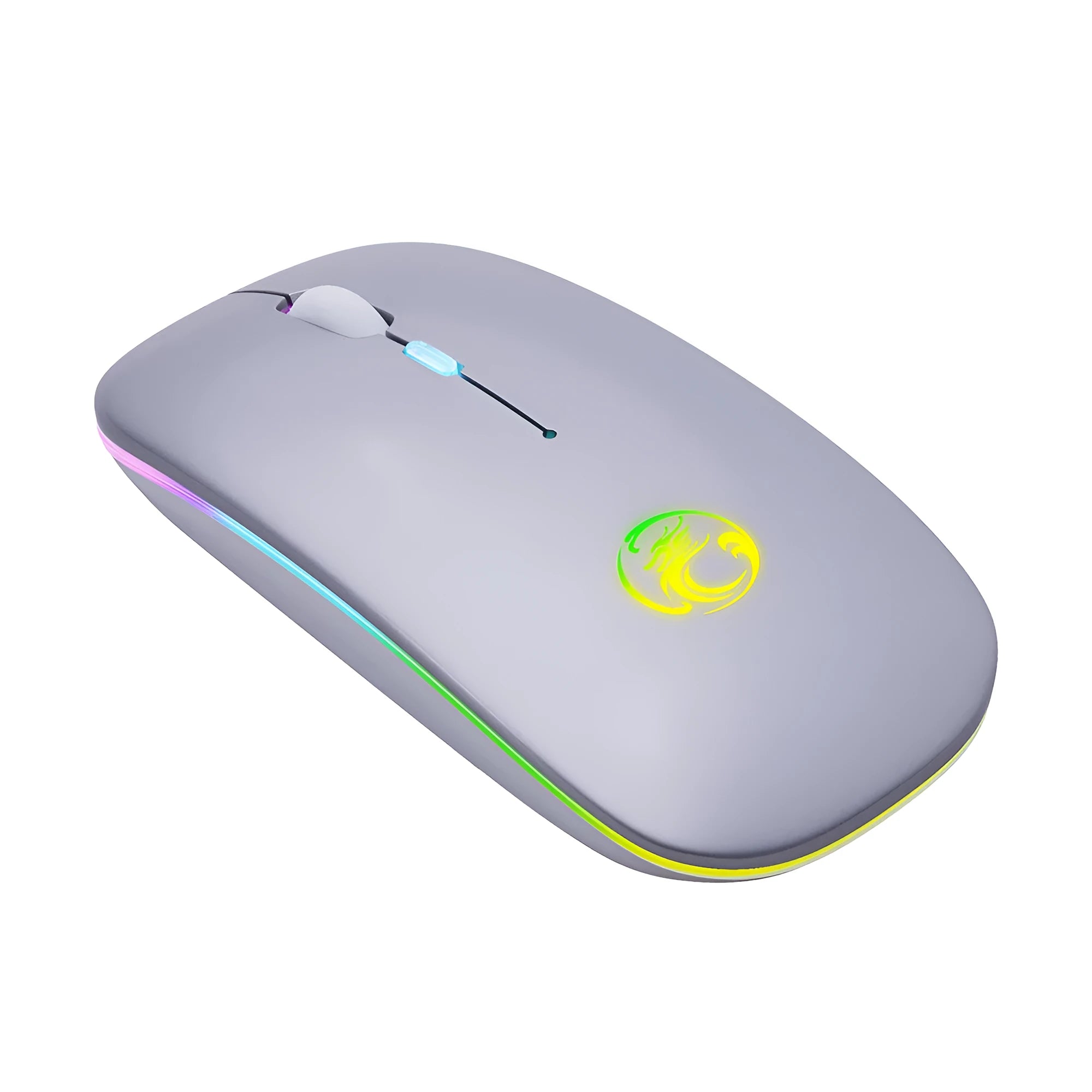Black and white dual-mode silent wireless mouse with blue scroll wheel light, shown next to its USB charging cable.