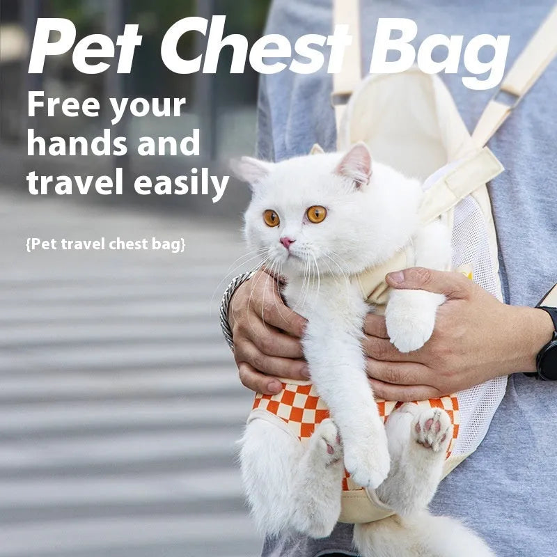 Soft polyester pet backpack with transparent window panel showing cat inside, front pocket, and adjustable straps