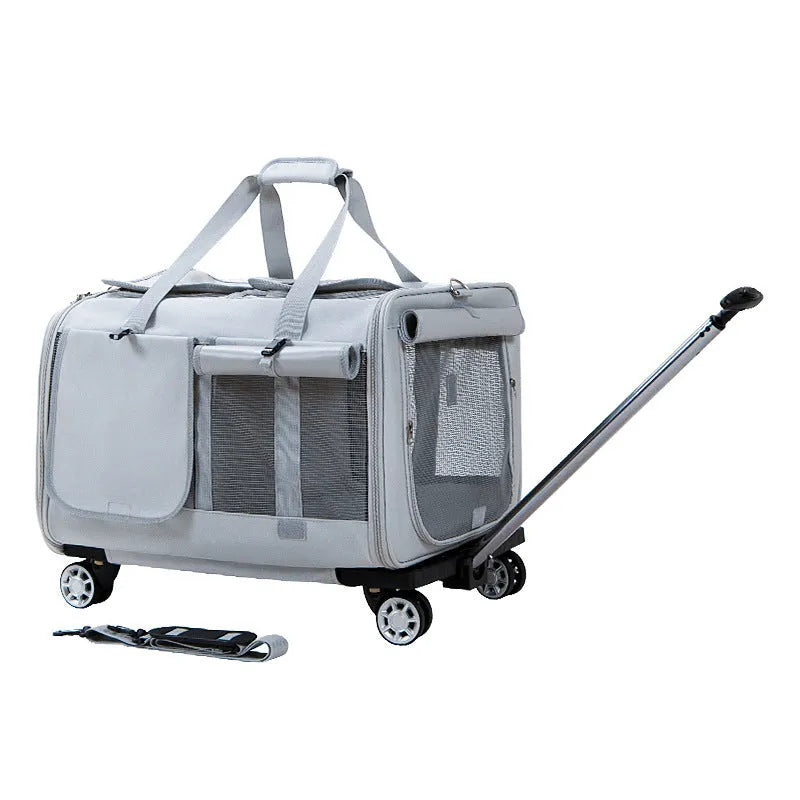 Large beige polyester wheeled pet trolley bag with cat inside, size 44x53x33cm