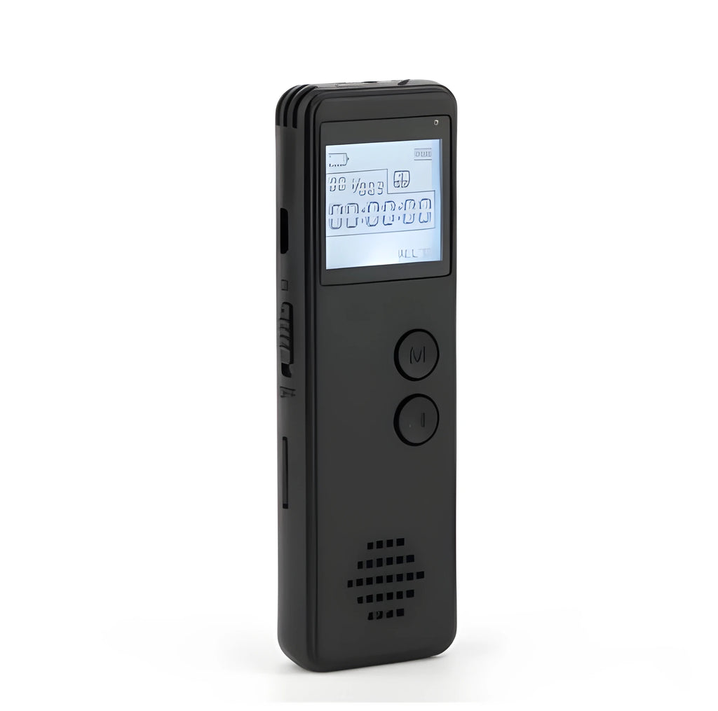 Black matte finish digital voice recorder with a small backlit screen, showing recording time and memory capacity.