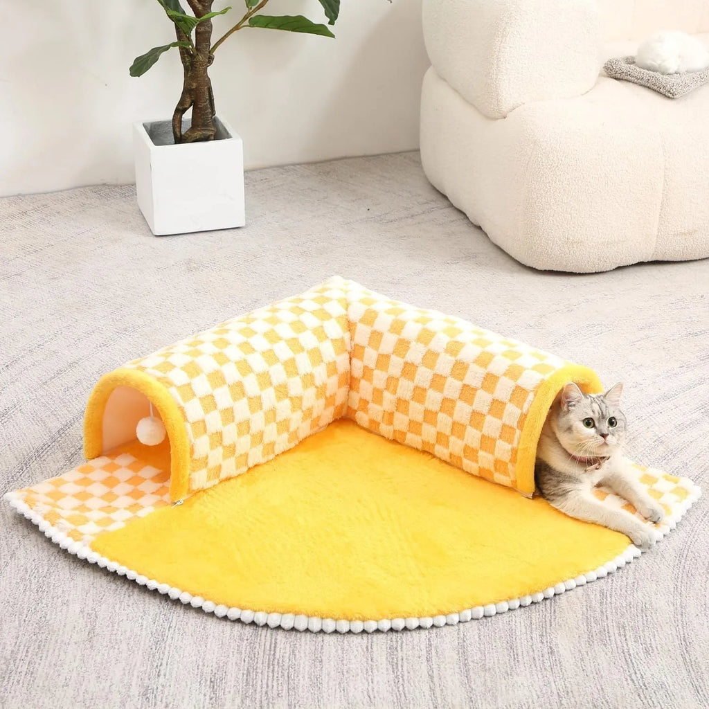 Large XL fan-shaped plush pet bed with a tunnel, in yellow plaid fabric with an anti-slip base.