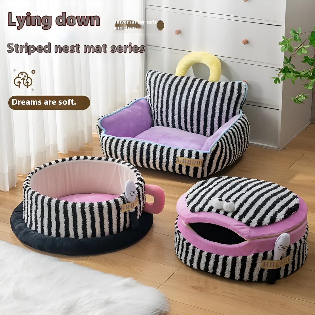 Striped three-piece pet kennel set showing sofa, big mouth, and teacup nest designs