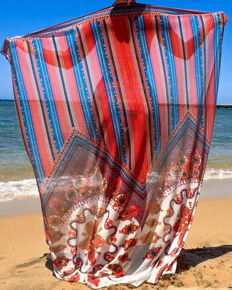 Women's three-piece swimsuit set showing a cutout blouse, high-waisted briefs, and a matching coat.