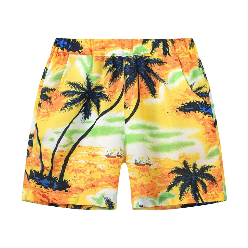 Printed beach shorts with elastic waistband in multiple colour patterns including coconut trees and pineapple design
