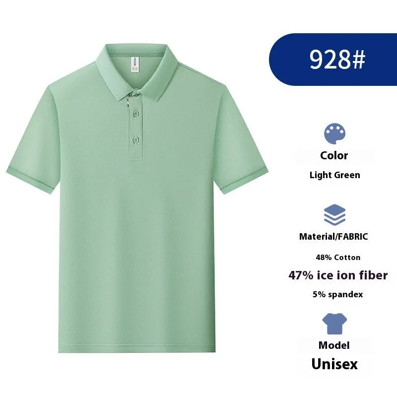 Solid colour catering work polo shirt in ice silk fabric on a hanger, showing short sleeves and regular fit.
