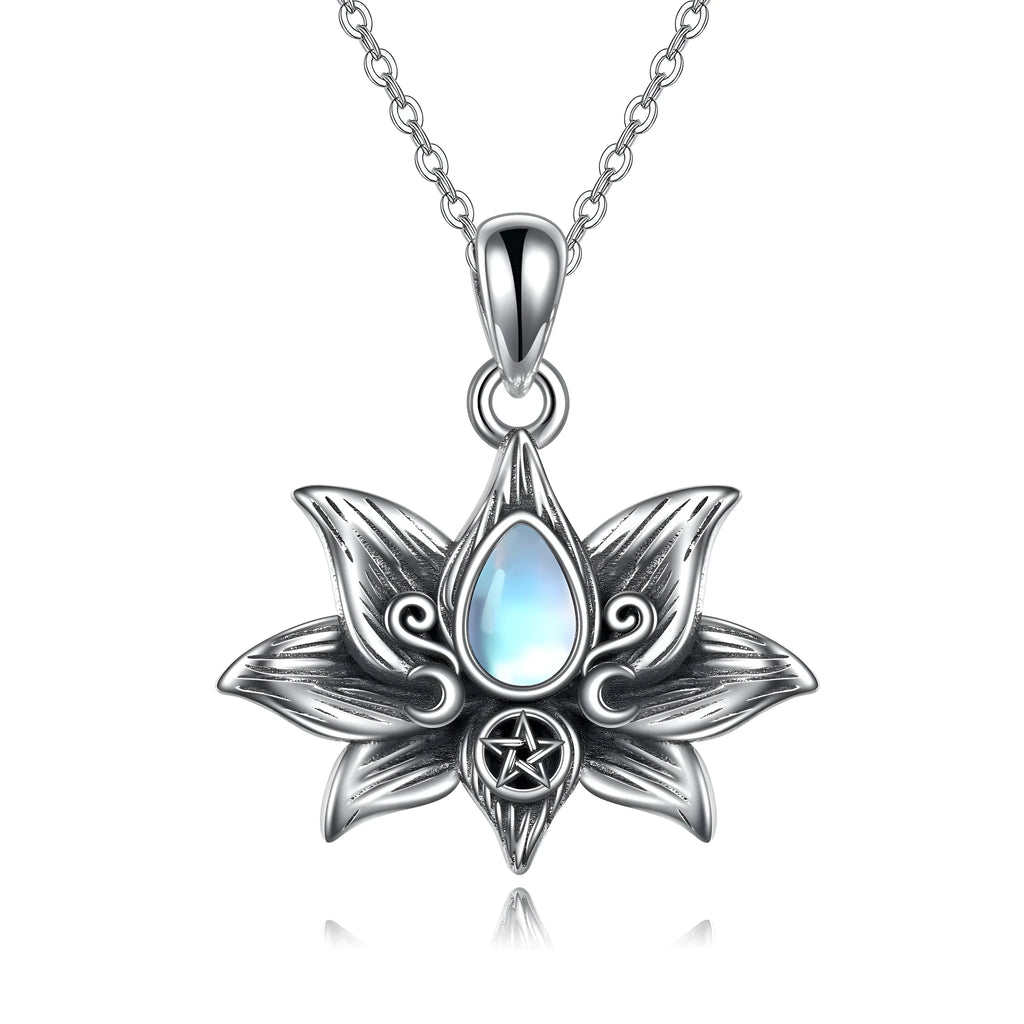 Sterling silver moonstone teardrop lotus flower pendant necklace on 18-inch O-chain