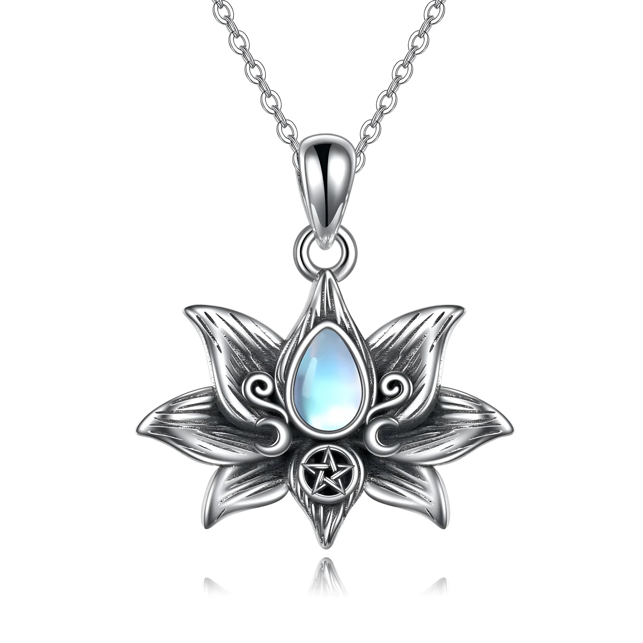 Sterling silver moonstone teardrop lotus flower pendant necklace on 18-inch O-chain