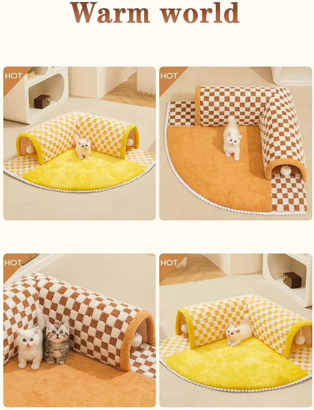 Brown plush plaid cat tunnel bed with a central mat, shown on a wooden floor.