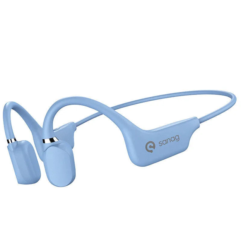 Bone conduction Bluetooth headset worn around the neck in retro green colour for sports running.