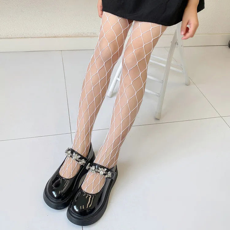 Women's sheer mesh pantyhose showing large, medium, and small mesh patterns in black and white colours.