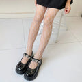Women's sheer mesh pantyhose showing large, medium, and small mesh patterns in black and white colours.