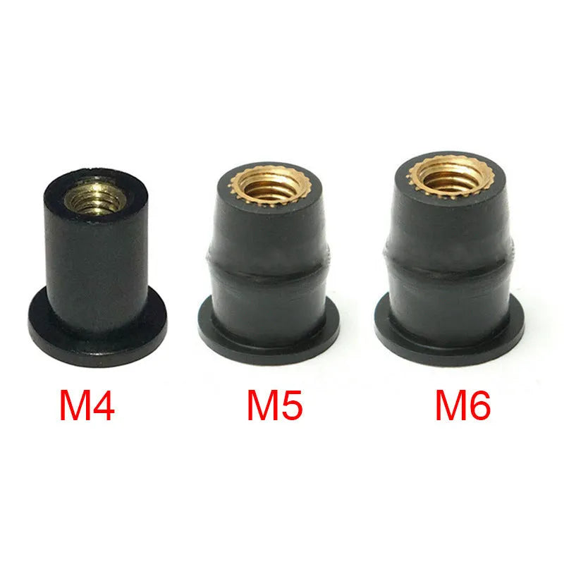 Black brass and rubber expansion well nuts for motorcycle windshield mounting in M4, M5, and M6 sizes.