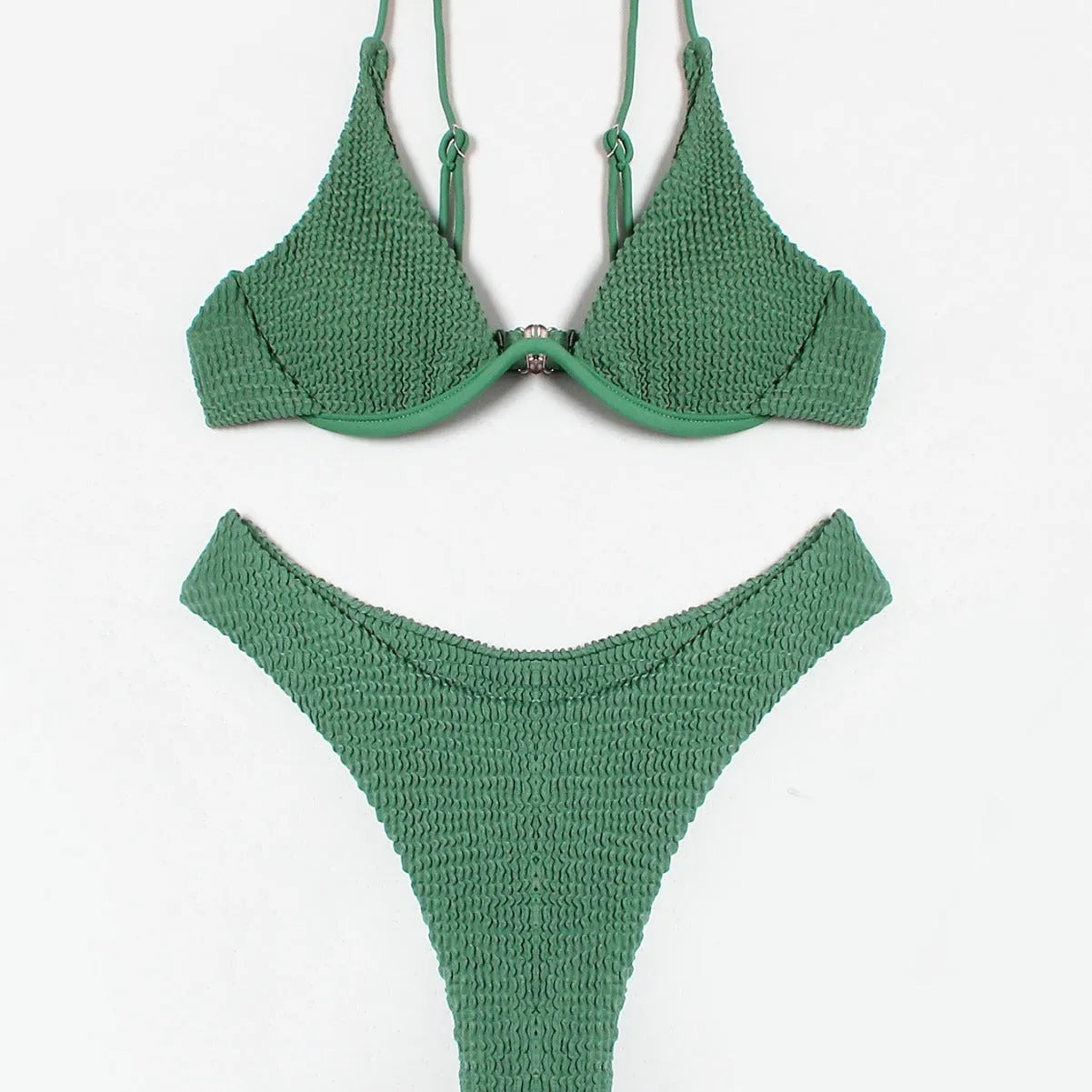 Women's green bikini swimsuit with ruffle trim top and split skirt bottom