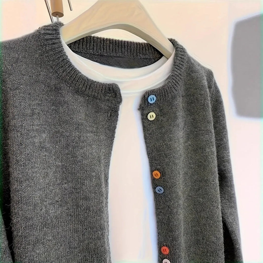 Dark grey women's polyester cardigan sweater with button front and regular sleeves