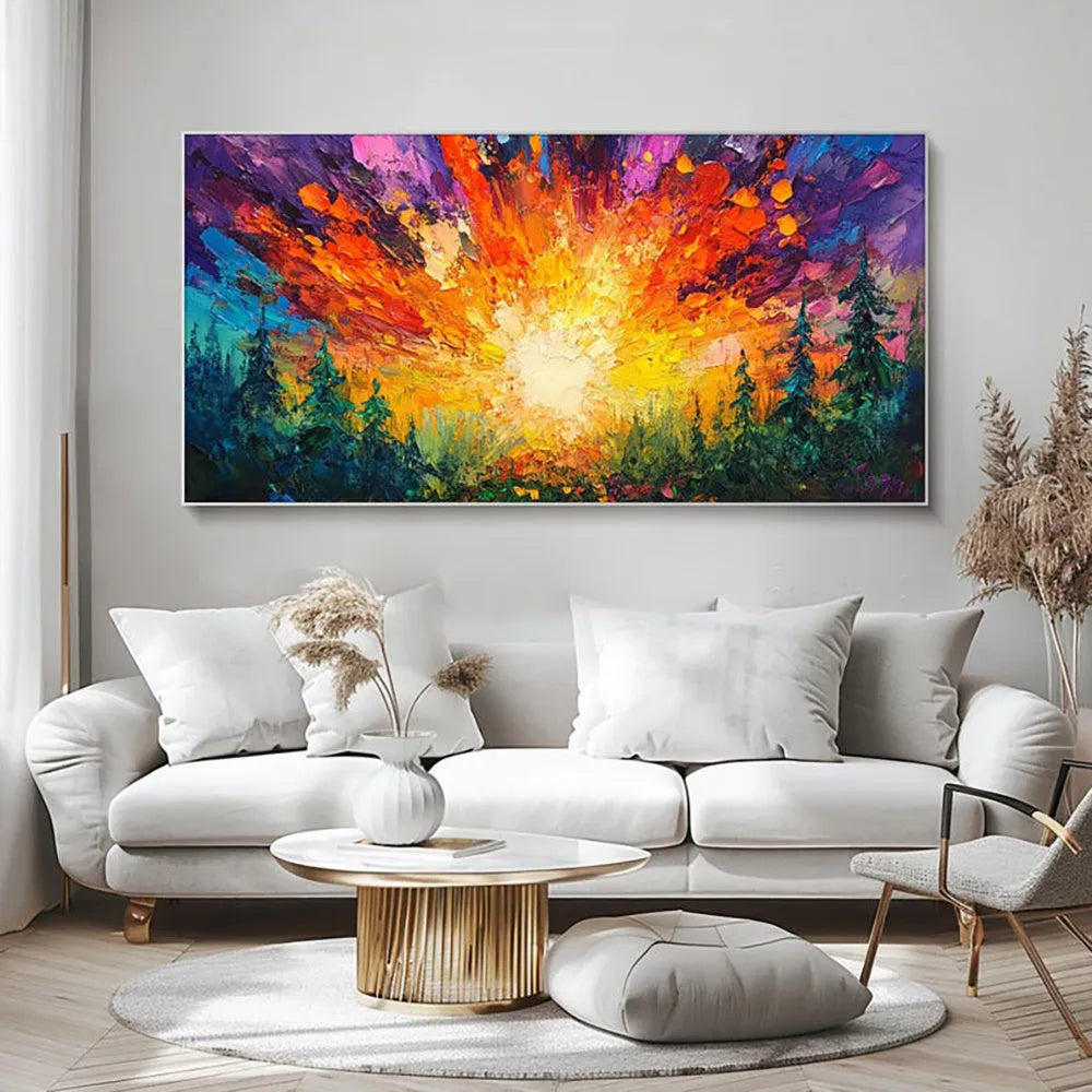 Hand-painted oil painting of sun rising in deep forest with brilliant light, modern landscape canvas art on wall