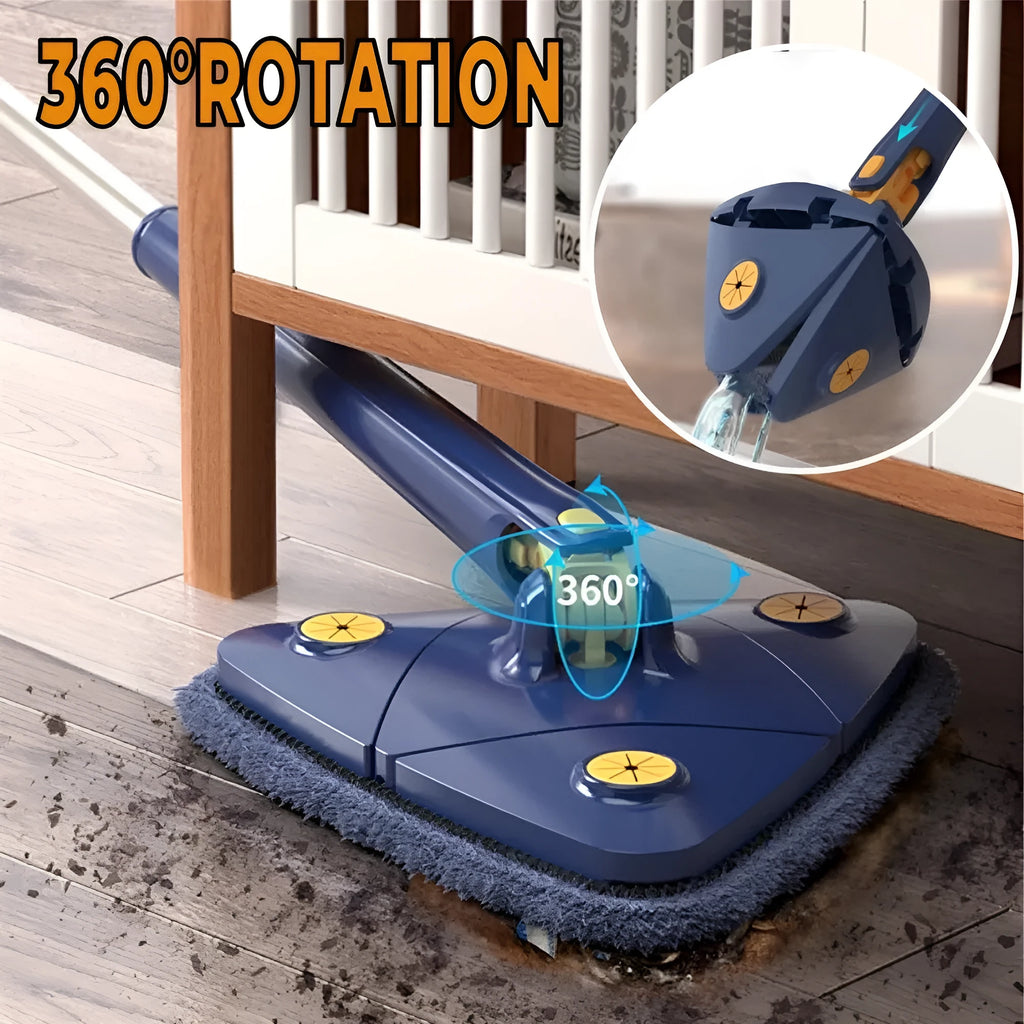 Blue extendable triangle cleaning mop with rotating head and stainless steel pole on a tiled floor.