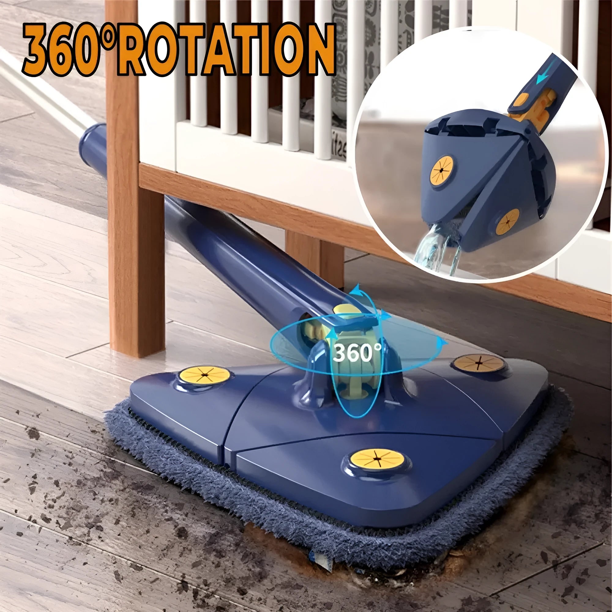 Blue extendable triangle cleaning mop with rotating head and stainless steel pole on a tiled floor.