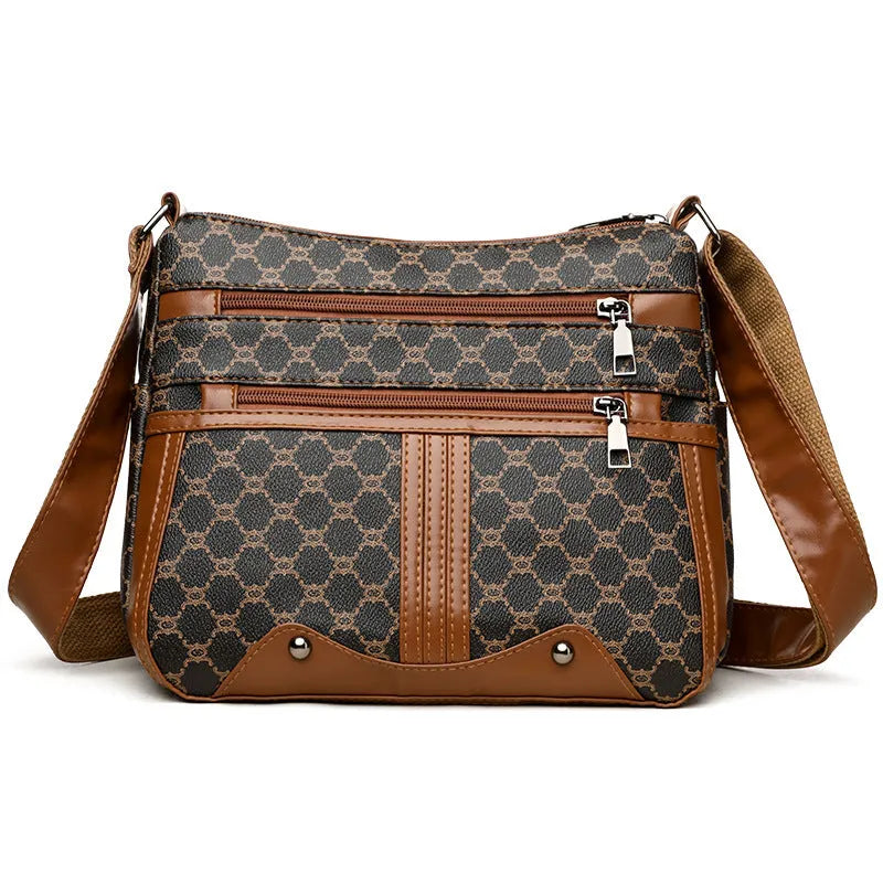 Brown women's large crossbody bag with stitching pattern on PU leather.