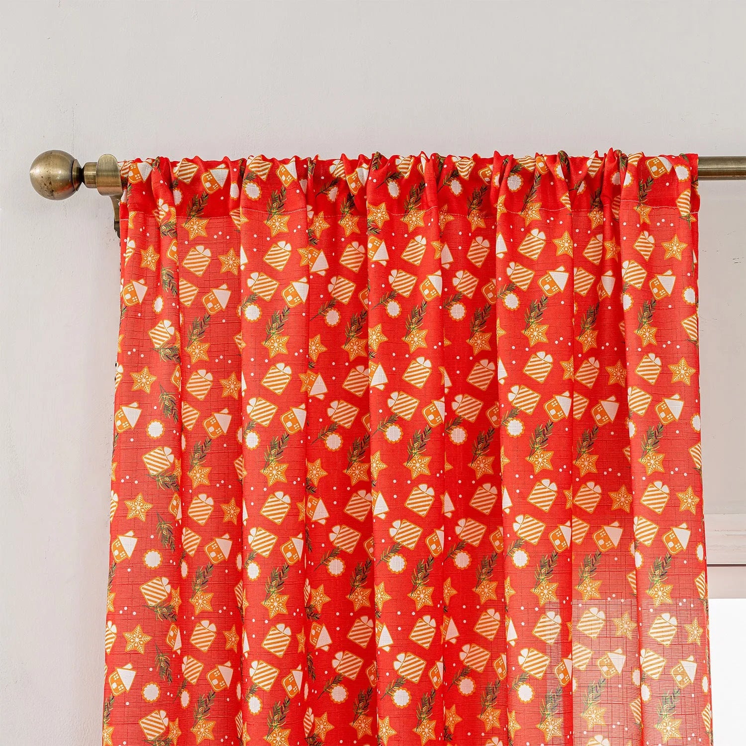 Christmas curtain with cartoon snowman and angel print in red or green, 1 metre length