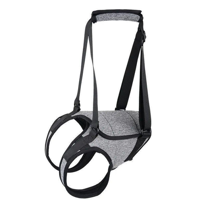 Grey neoprene dog rear leg recovery support harness shown laid flat, with adjustable straps for waist and thigh.