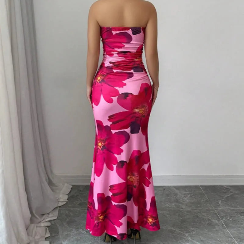 Slim fit long dress with pink flower print, sleeveless high waist hip skirt style for women