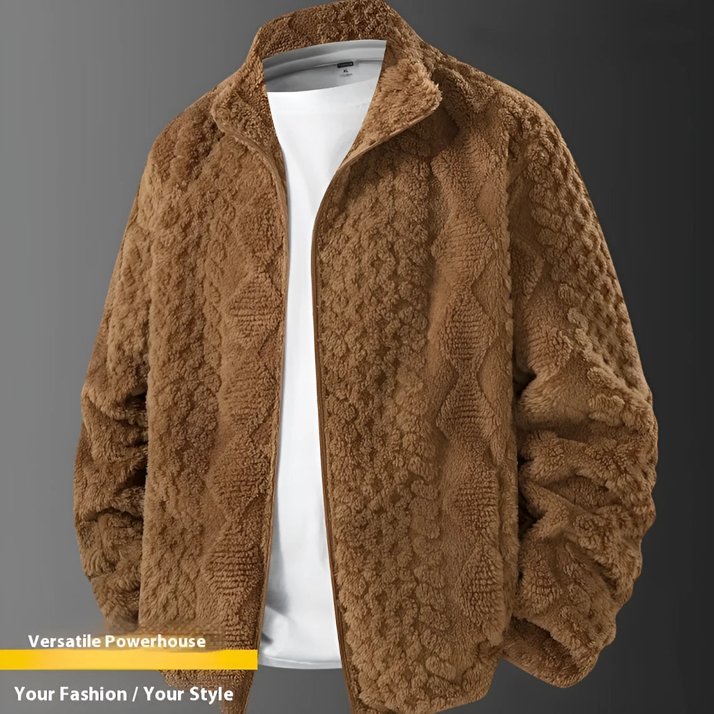 Fleece padded men's warm jacket in khaki with topstitching slit pocket, solid colour casual style