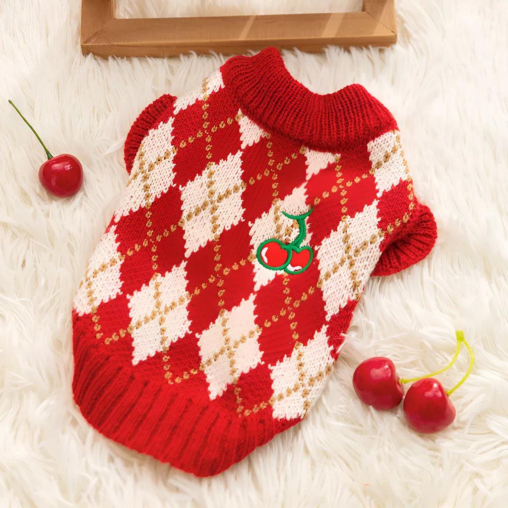 Red and white argyle knitted dog sweater with cherry embroidery for small dogs and cats