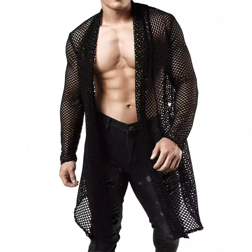 Black mens polyester cardigan with mesh see-through knit pattern and long sleeves