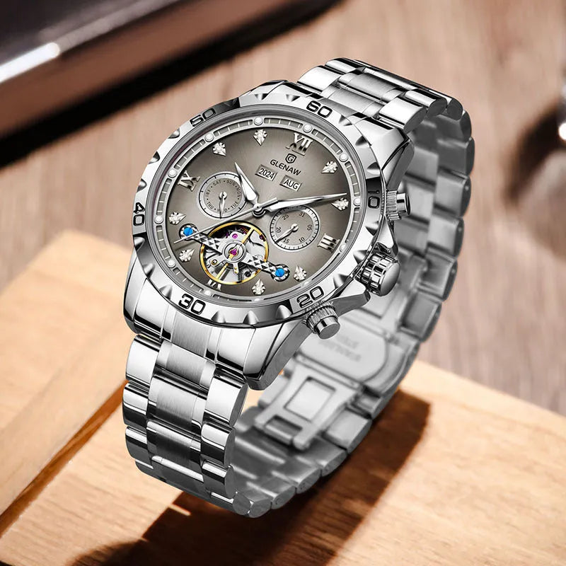 Men's automatic mechanical watch with silver case, grey dial, and stainless steel band.