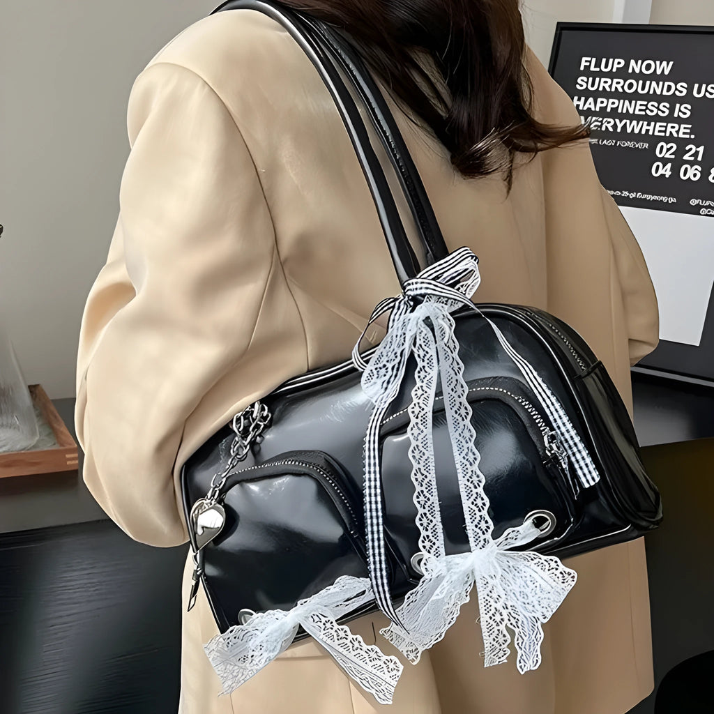 Soft PU casual shoulder bag in horizontal square shape with double straps and mobile phone compartment