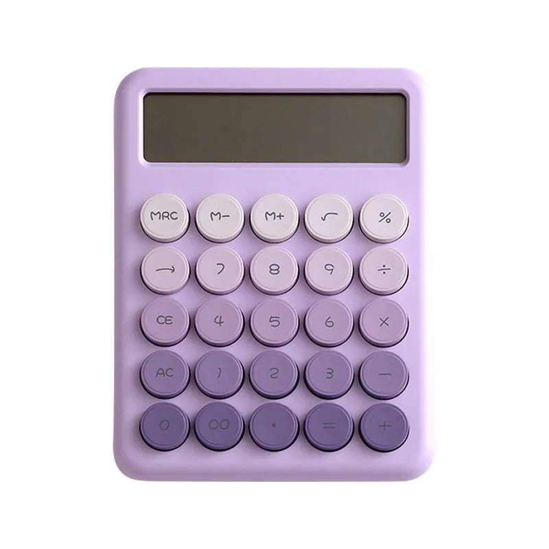 Desktop calculator with gradient colour finish in violet, cherry blossom pink, glacier blue, or mint green on a desk.
