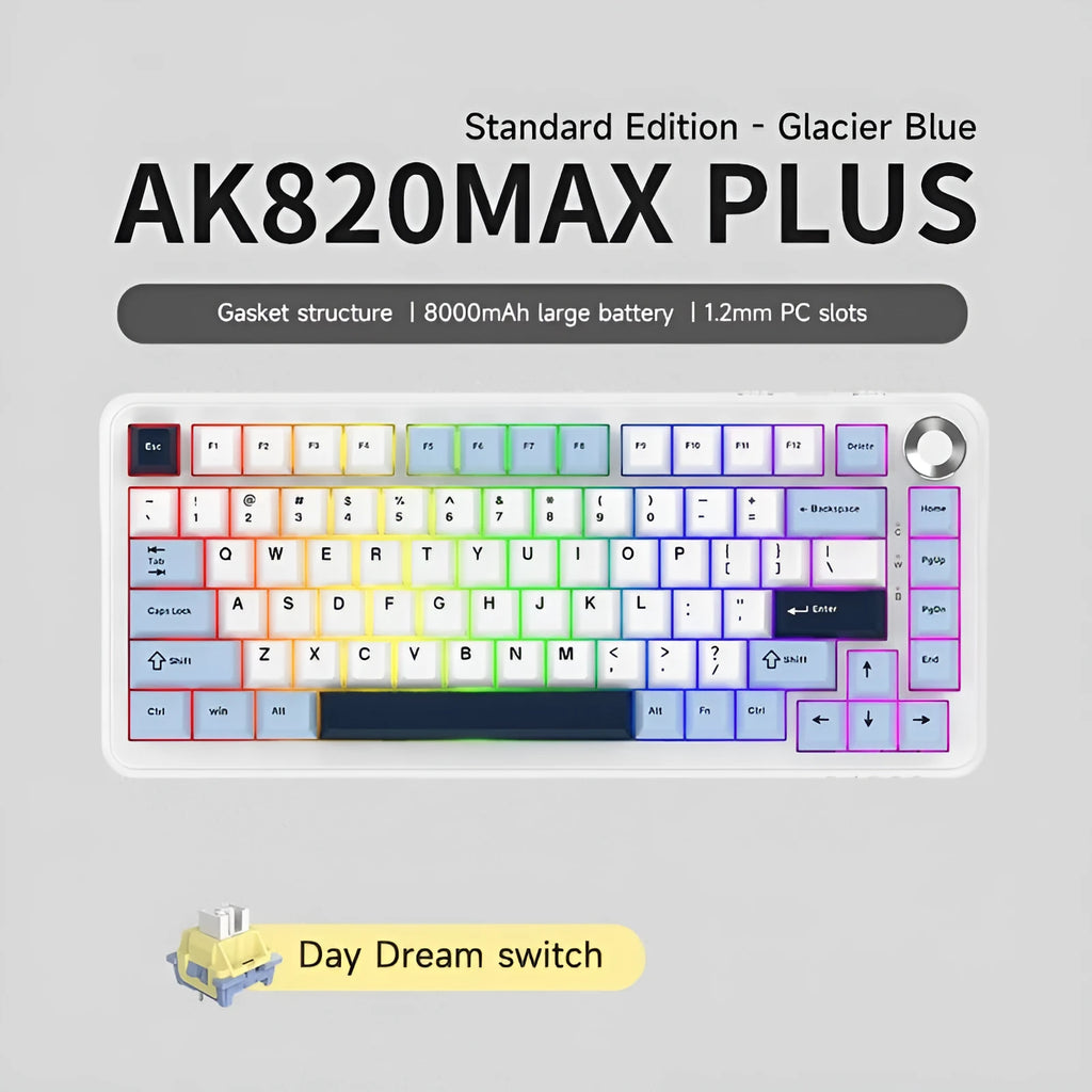Three-mode mechanical keyboard in black, grey and yellow colour scheme with included accessories