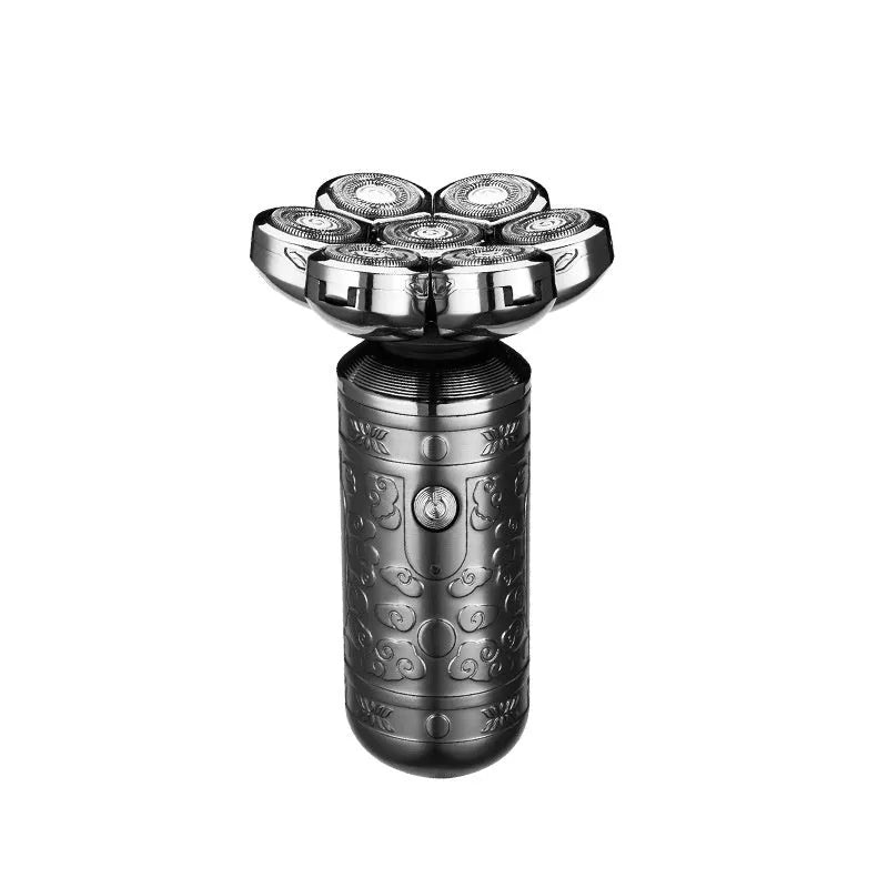 Silver black electric shaver with floating cutter head and USB cable on white background