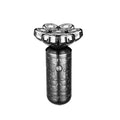 Silver black electric shaver with floating cutter head and USB cable on white background