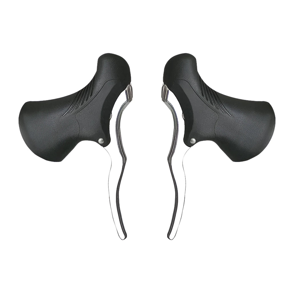 Pair of black aluminium alloy bicycle brake handles for 22.2mm and 23.8mm handlebars.
