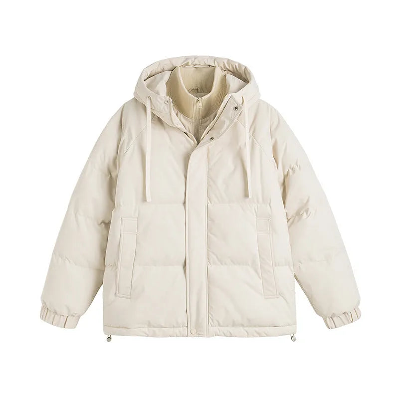 Loose-fit solid colour winter jacket with side pockets shown in beige