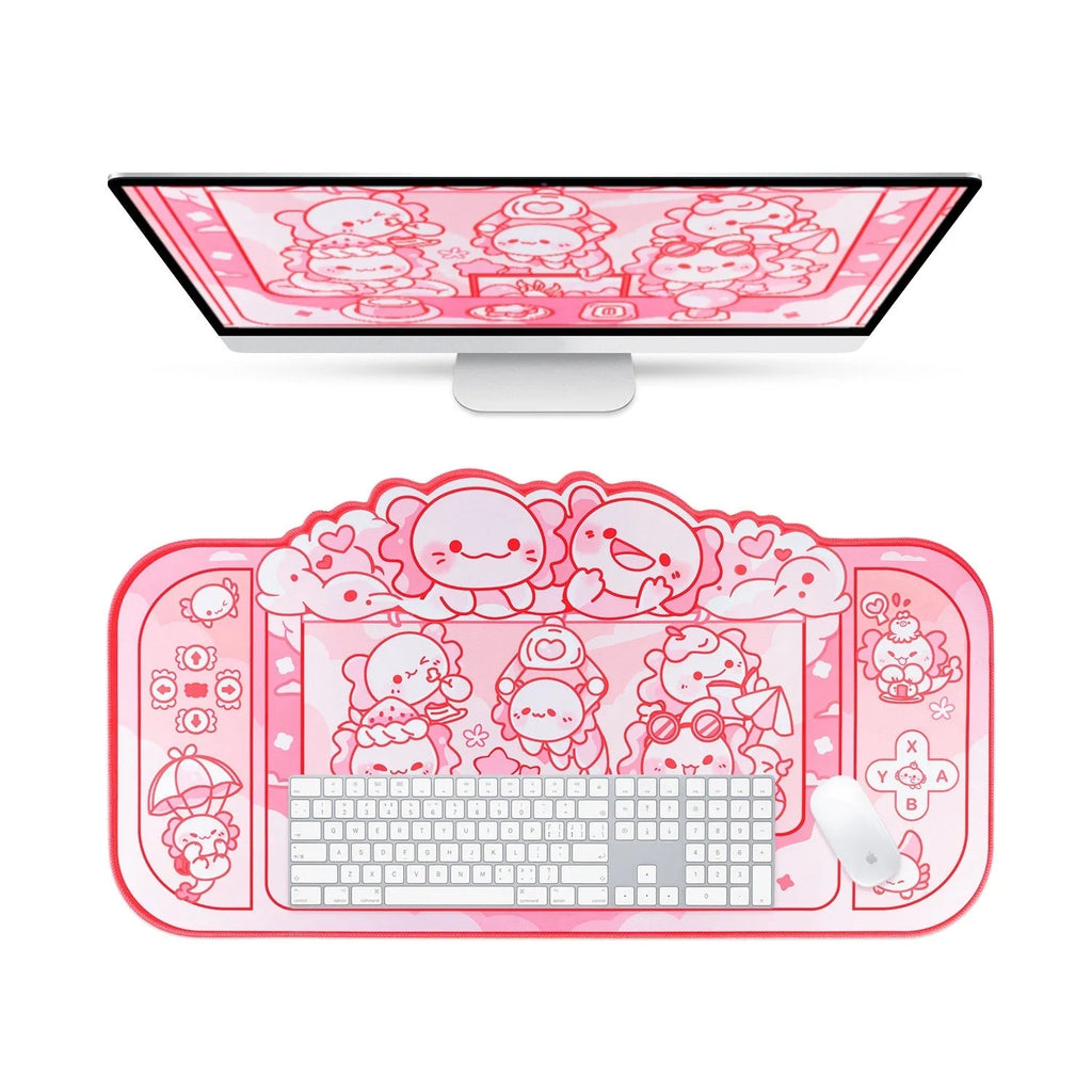 Large rectangular mouse pad with hexagonal crane machine and dragon doll cartoon print, measuring 75 by 40 centimetres.