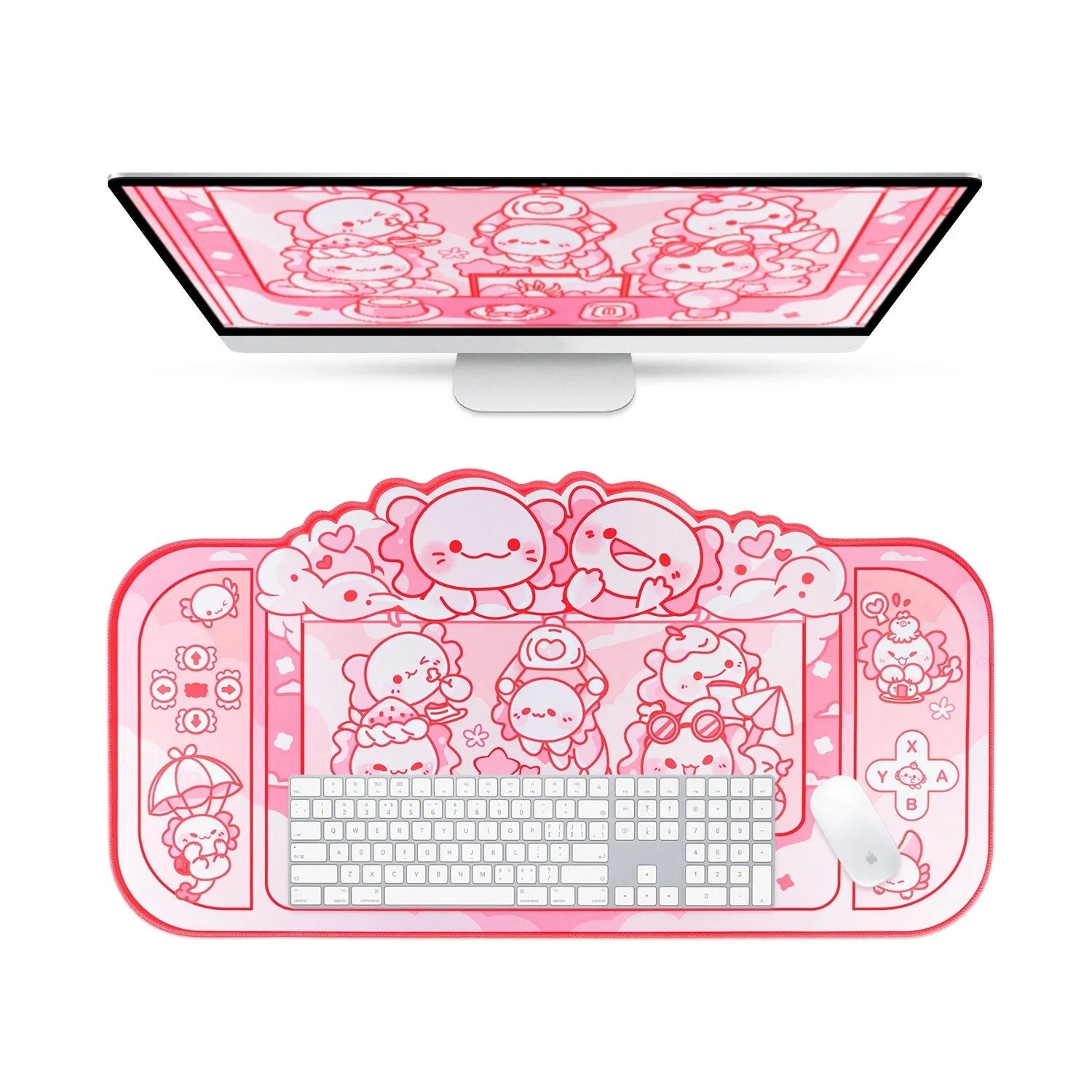 Large rectangular mouse pad with hexagonal crane machine and dragon doll cartoon print, measuring 75 by 40 centimetres.