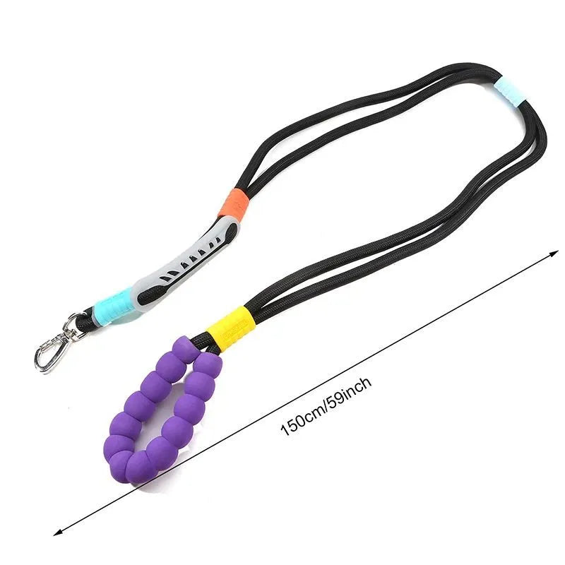 Dog traction rope leash with foam handle in four colour options: black, light purple, sky blue, yellow