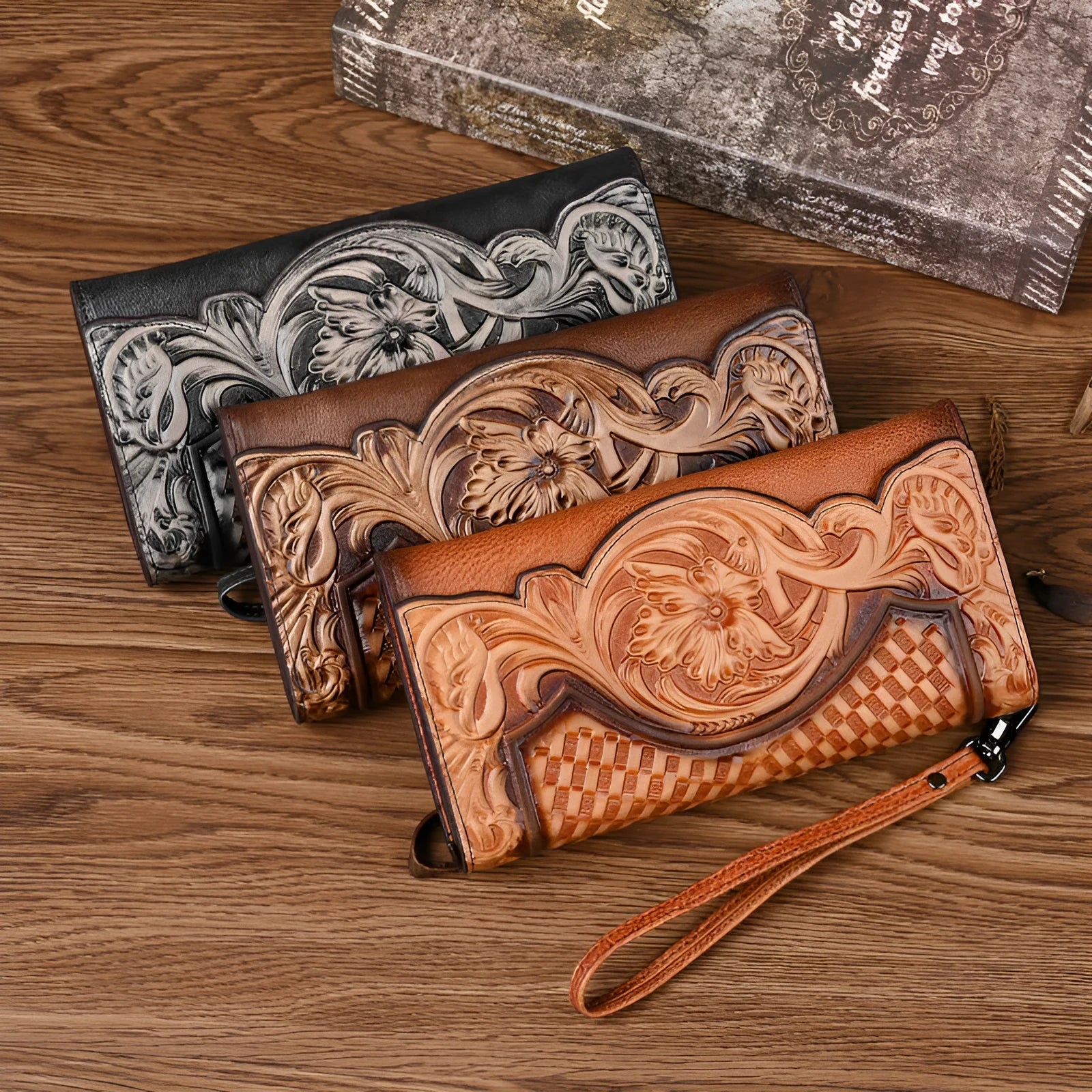 Retro brown women's tri-fold wallet with deep embossed floral pattern, shown open to reveal compartments.