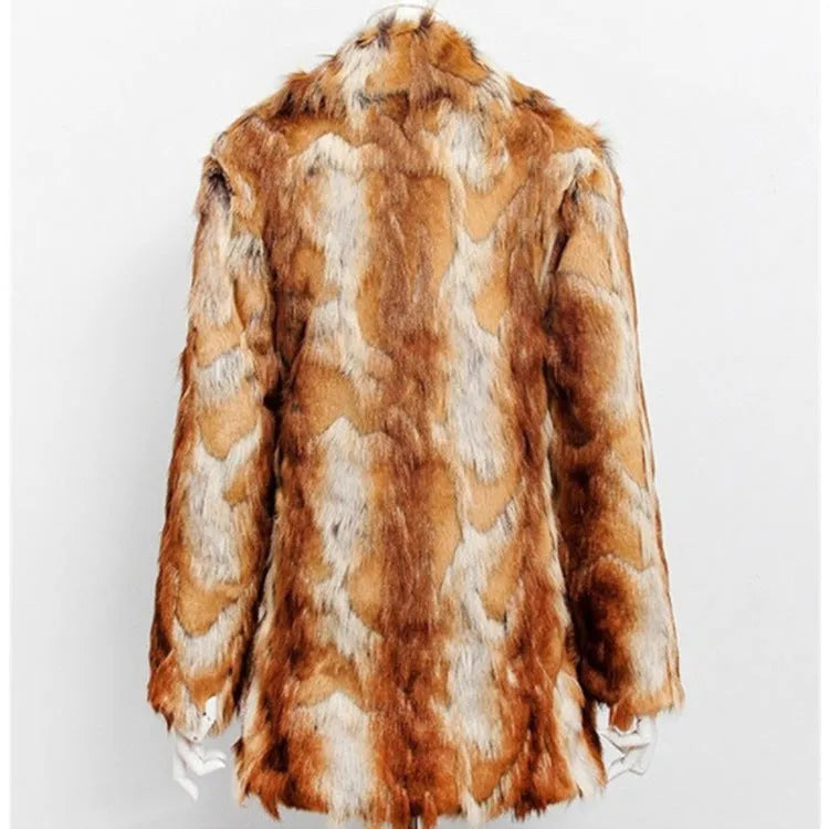 Women's slim-fit tiger pattern faux fur leather jacket on a hanger