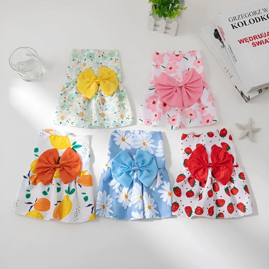 Summer cool pet dress with floral butterfly knot design in multiple bow colours for dogs and cats