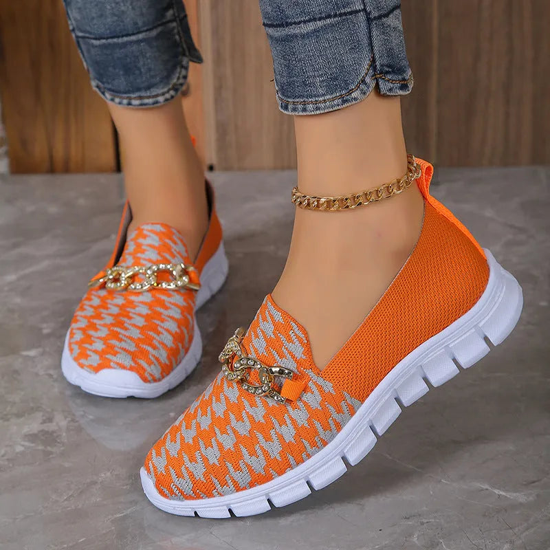 Casual houndstooth print chain mesh shoes for women, breathable round toe loafers with platform heel, rubber sole - orange red and white colours