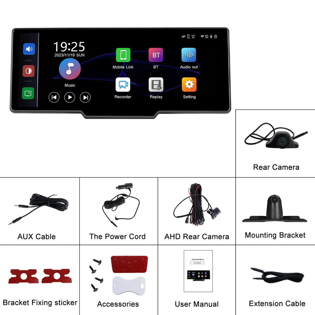 10.26-inch car DVR display with rear view camera mounted on dashboard