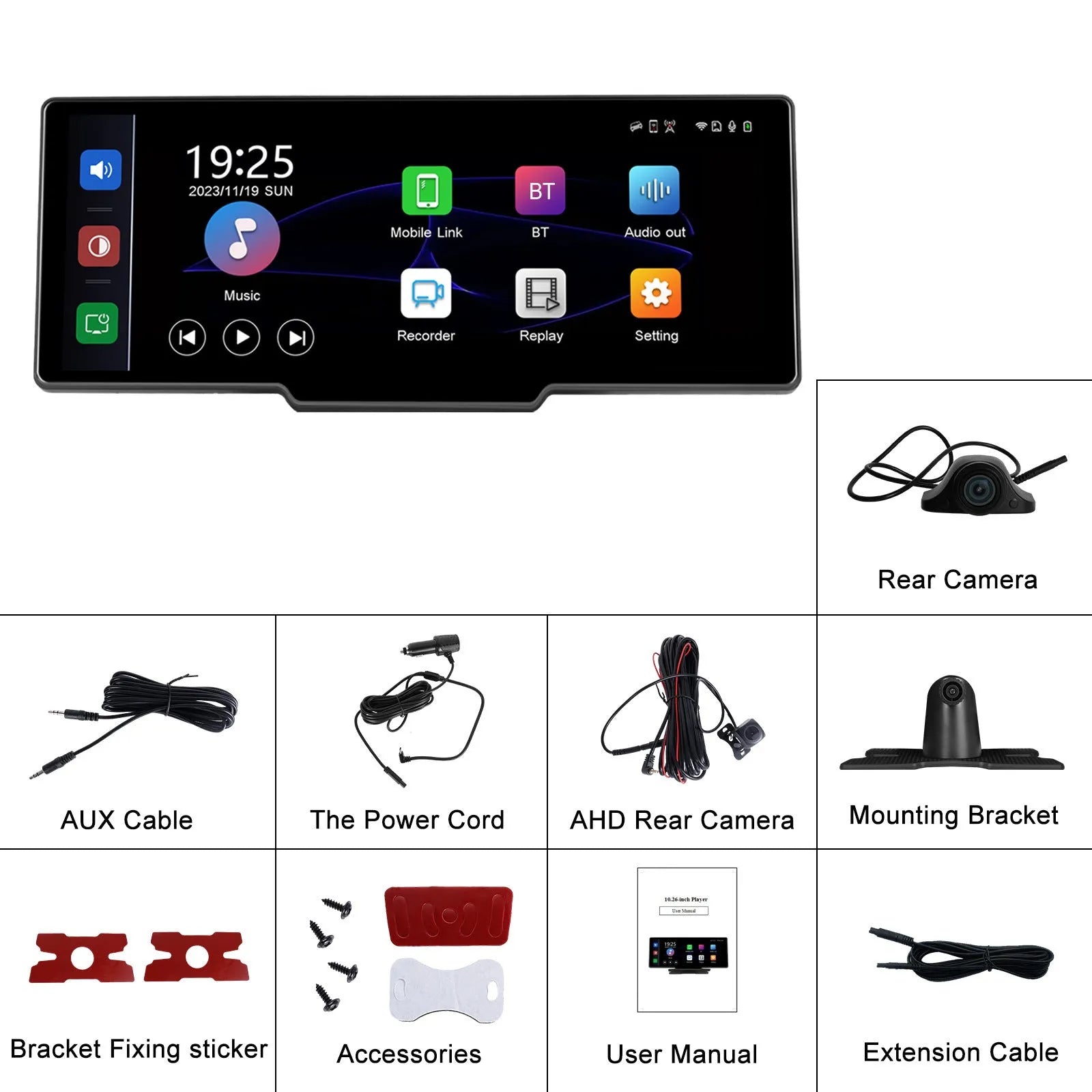 10.26-inch car DVR display with rear view camera mounted on dashboard