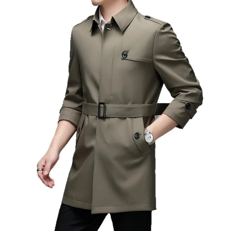 Men's mid-length lapel trench coat in khaki, 65cm length, chemical fibre blend, side view