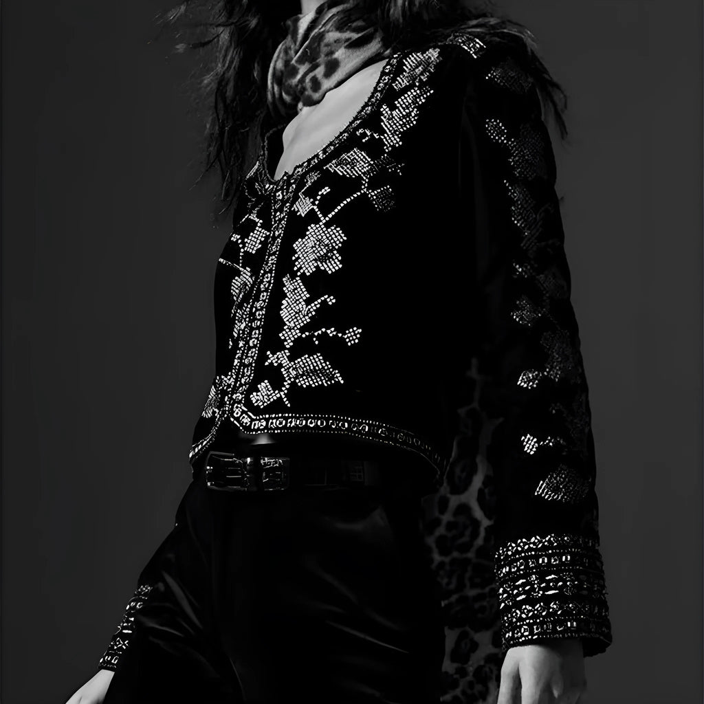 Women's casual embroidered velvet jacket in black with loose fit and long sleeves