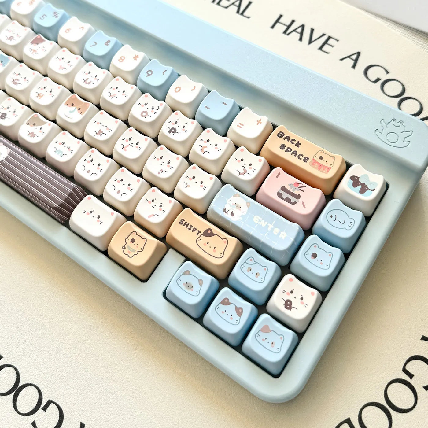 Sea salt cat themed PBT keycap set for mechanical keyboards showing the full 26-key layout.