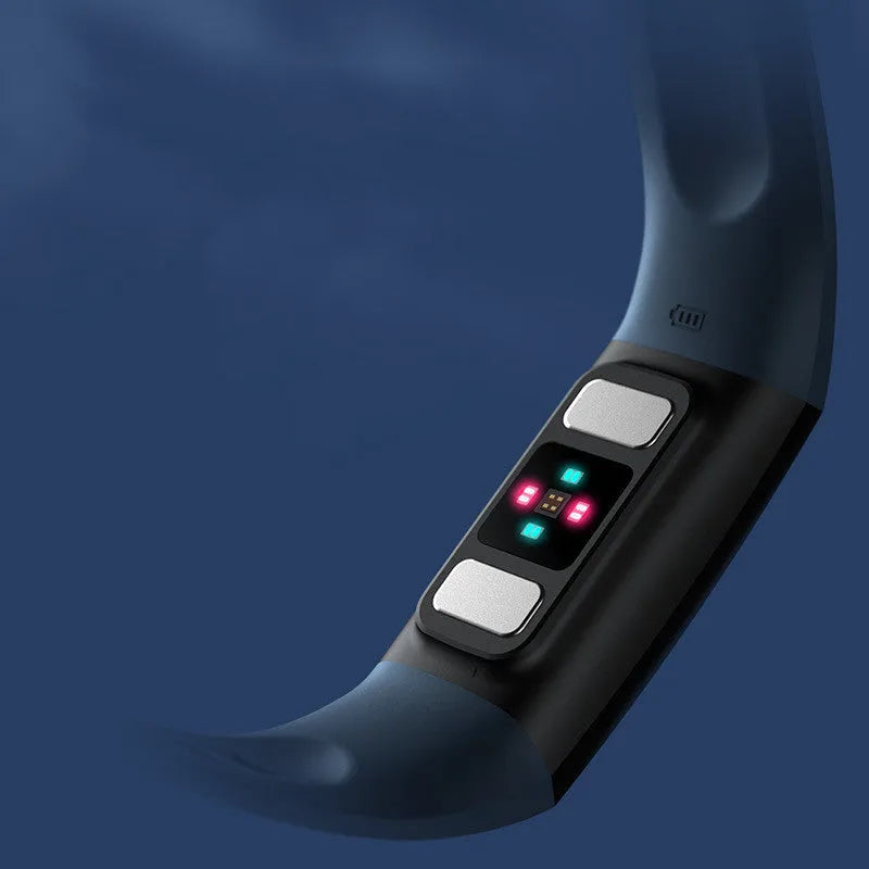 Y6 Black smart health bracelet with 1.1-inch display on a wrist, showing blood pressure and ECG readings.
