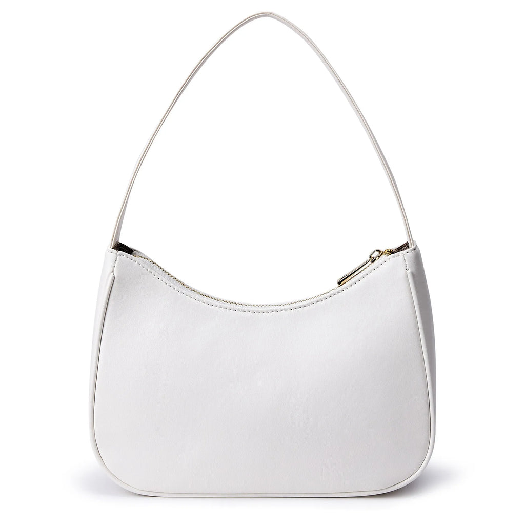 Simple retro waterproof PU shoulder bag in crossbody style shown in apricot colour.